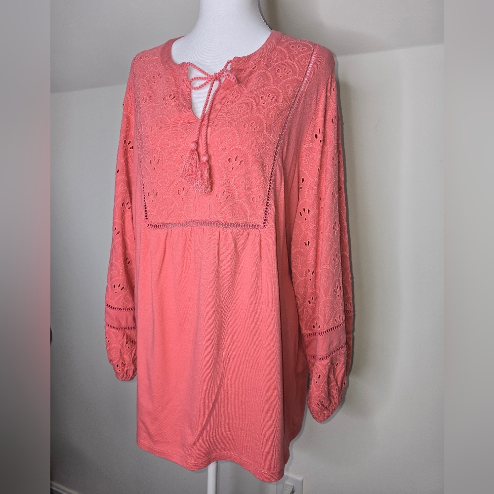 Peasant Boho Tunic Top 2X NWT Coral Eyelet Sleeve Tassel Tie Plus Size Blouse